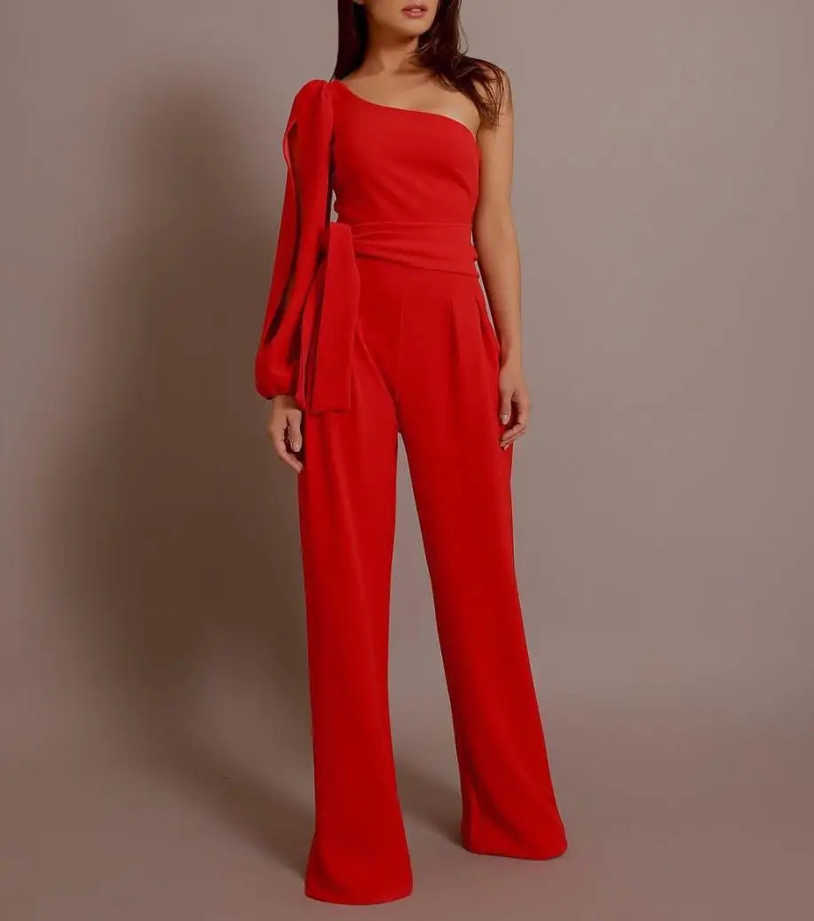 Updated Summer Woman High Waist Full Jumpsuits Long Pants Off Shoulder One Sleeve Jumpsuit