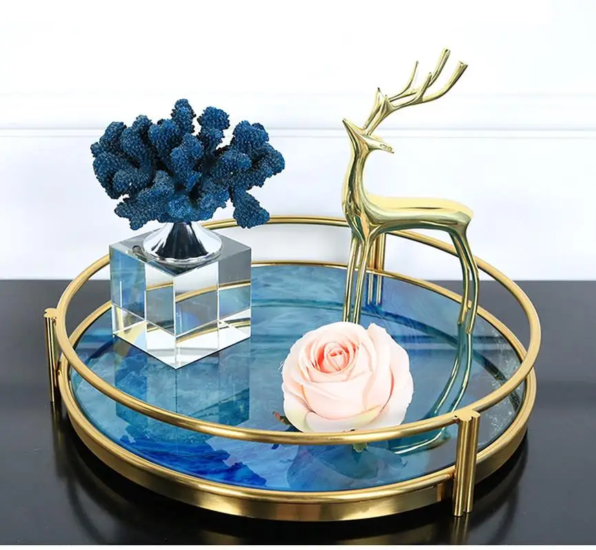 

European Style Blue Agate Stone Pattern Metal Tray Round Rectangular Tray Cosmetic Accessories Storage Show Plate Decoration