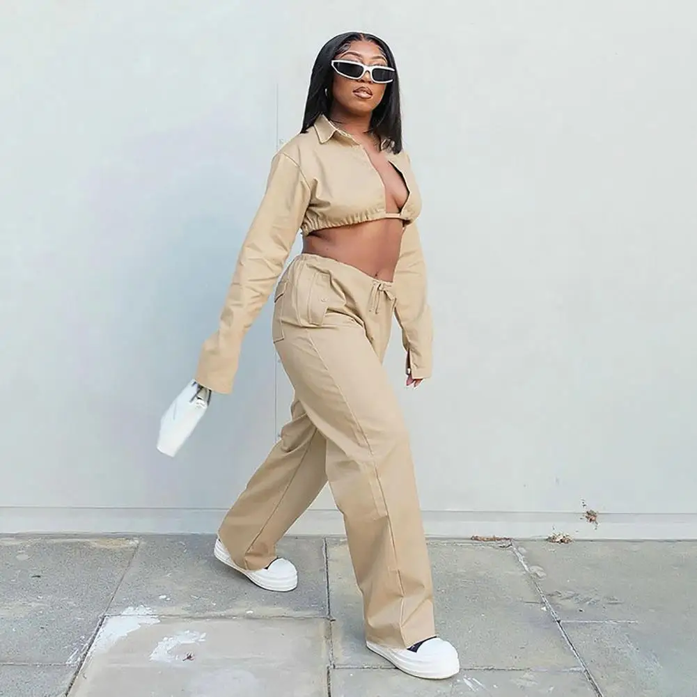 

2 Pcs/Set Chic Straight Autumn Crop Top Pants Set Ultra Short Top Fall Blouse Pants Set Elastic Waist for Shopping