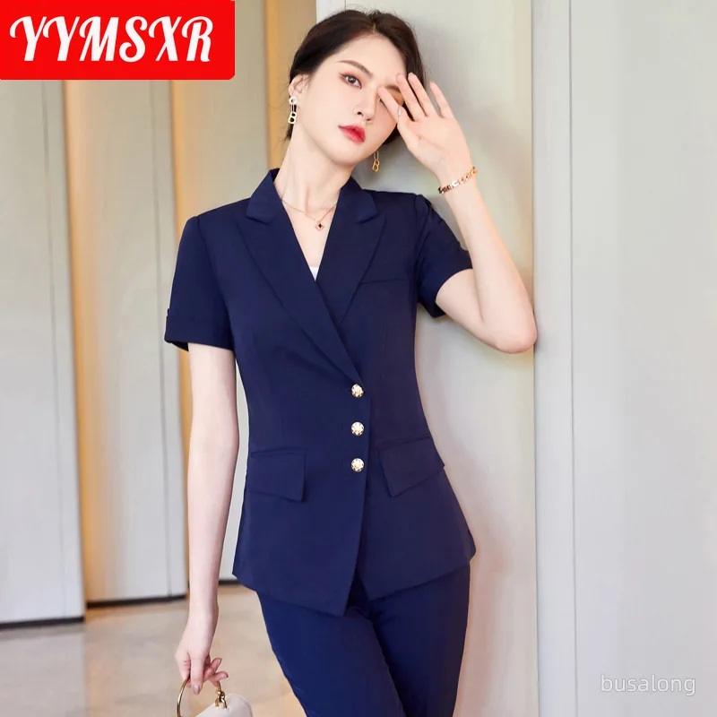 S-4XL Summer High Quality Women Professional Suit Two Piece 2022 Fashion Slim Fit Short Sleeve Ladies Jacket Casual Ninth Pants