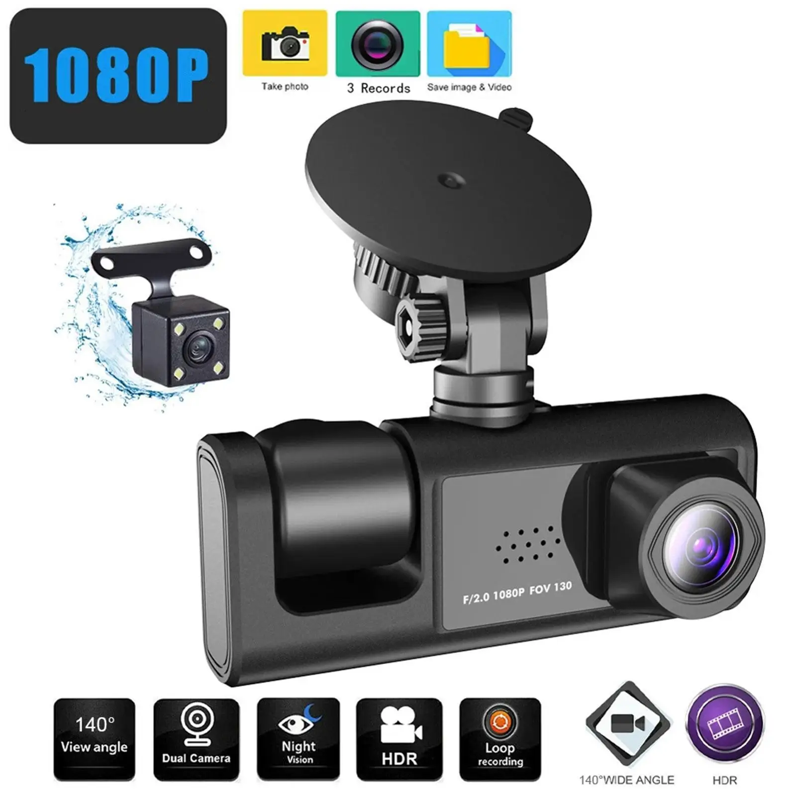 

3 Camera Dash Cam 1080P Front And Inside 2 Inch Screen Rear CAR Black Dashcam Recorder Camera Driver Car DVR Box Accessories