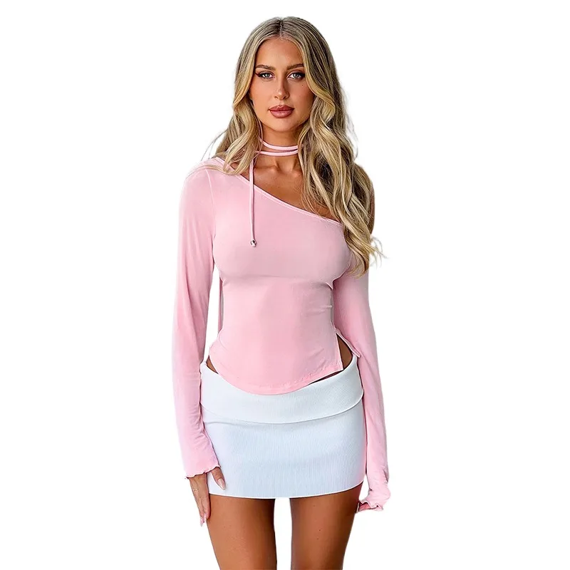 

European And American Women's Summer New Clean Color Caution Machine Oblique Shoulder Long Sleeve Slim Fit Spicy Girl T-shirt