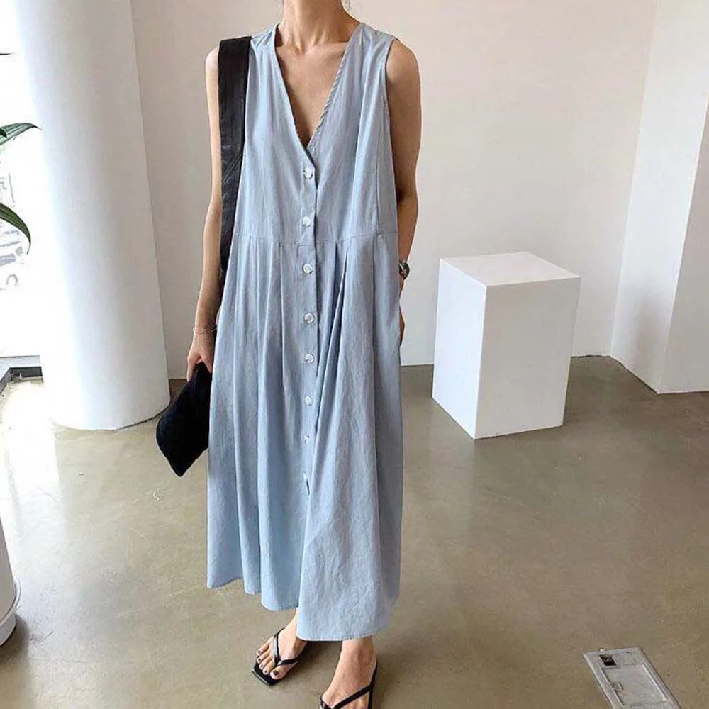 

Fashion Dress Temperament Retro V-neck Loose Dress Women's Sleeveless Vest Skirt A-line Elegant Chic 2022 Summer New Korea Japan
