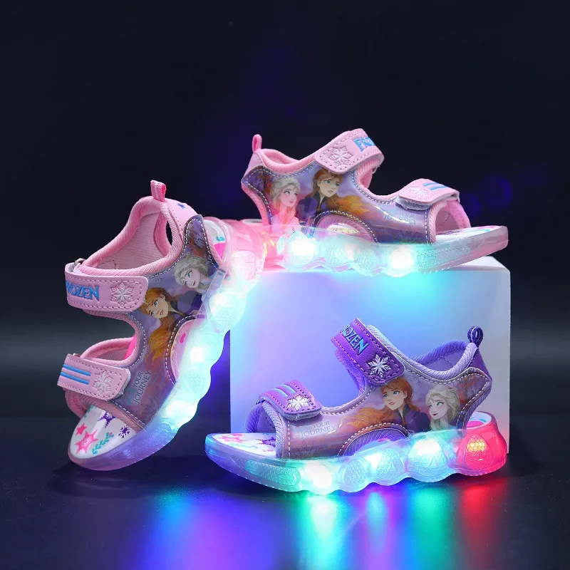 2023 Summer New Disney Frozen Fashion Children Sandals LED Lighted Beautiful Girls Shoes Toddlers Elegant Kids Sandals