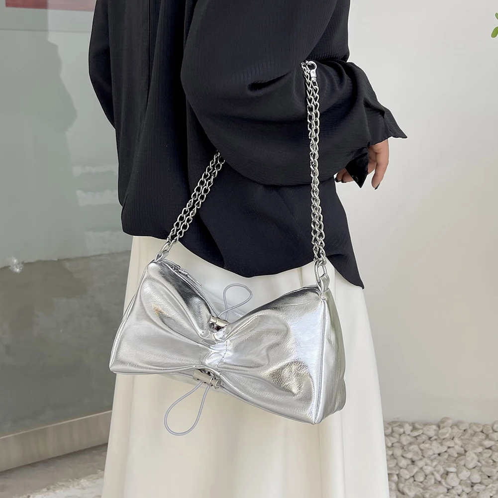 

INS Bow Knot Cloud Shoulder Bags Solid Color Pleated Handbag Drawstring Clutch Purse Chain Messenger Bag Women Hobo Bag