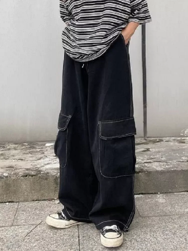 

HOUZHOU Harajuku Oversize Black Oversize Cargo Pants Women Japanese Streetwear Loose Wide Leg Trousers for Female Pockets