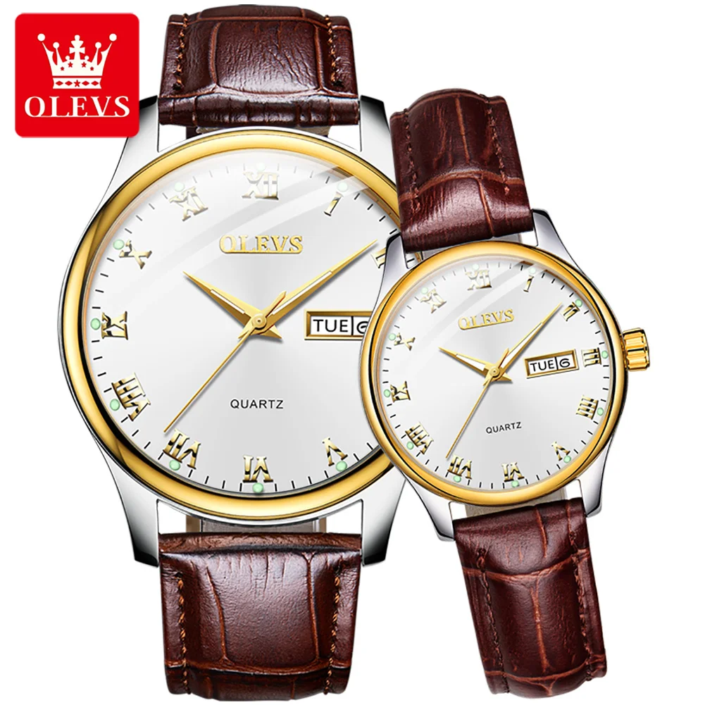 OLEVS 5568 Business Quartz Couple  Wristwatch Great Quality Dual Calendar Alloy Strap Waterproof Watch for Couple Luminous