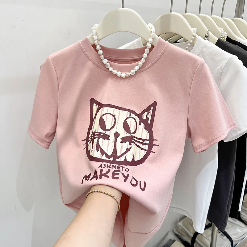 

Printed shoulder short-sleeved T-shirt female cartoon niche 2023 new summer design chic chic jacket WHITE
