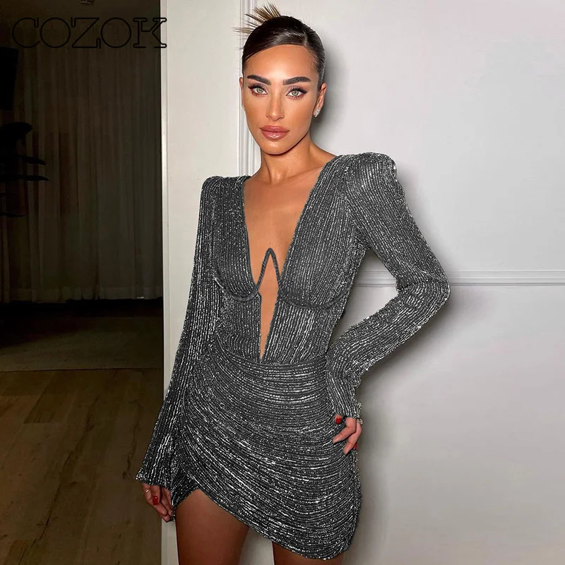 

COZOK Sexy Ruched Club Party Dress 2023 Summer Evening Deep V Collar Full Sleeves Mini Dress for Women Sequin White Vestidos