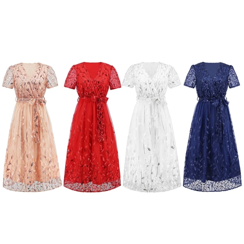 

Женское кружевное вечернее платье с V-образным вырезом, коротким рукавом и поясом