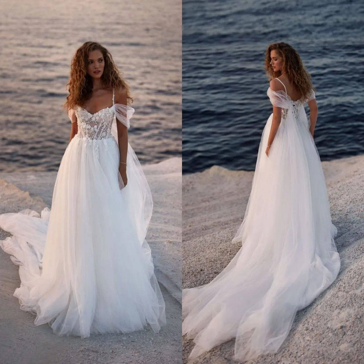 

Charming A-Line Tulle Wedding Dress Off Shoulder Lace Appliqued Sweetheart Side Sexy Slit Bridal Gown Sweep Train Robe De Mariée