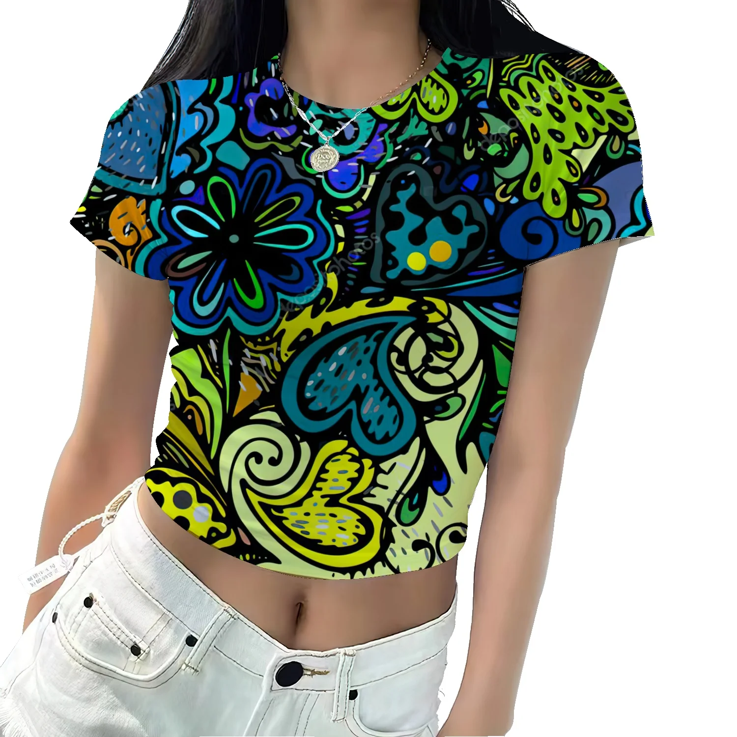 

Женская футболка с коротким рукавом, высокой талией и принтом в этническом стиле