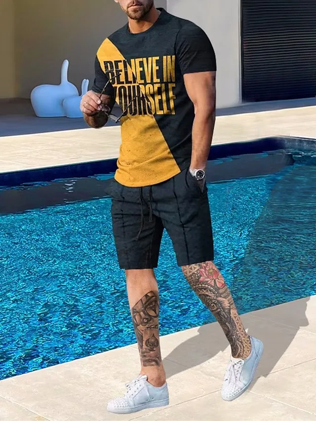 Men Shorts and T Shirt Set Clothing T-Shirt Outfits Graphic Color Block Crew Neck Short Sleeve 2pcs Designer Casual Comfortable
