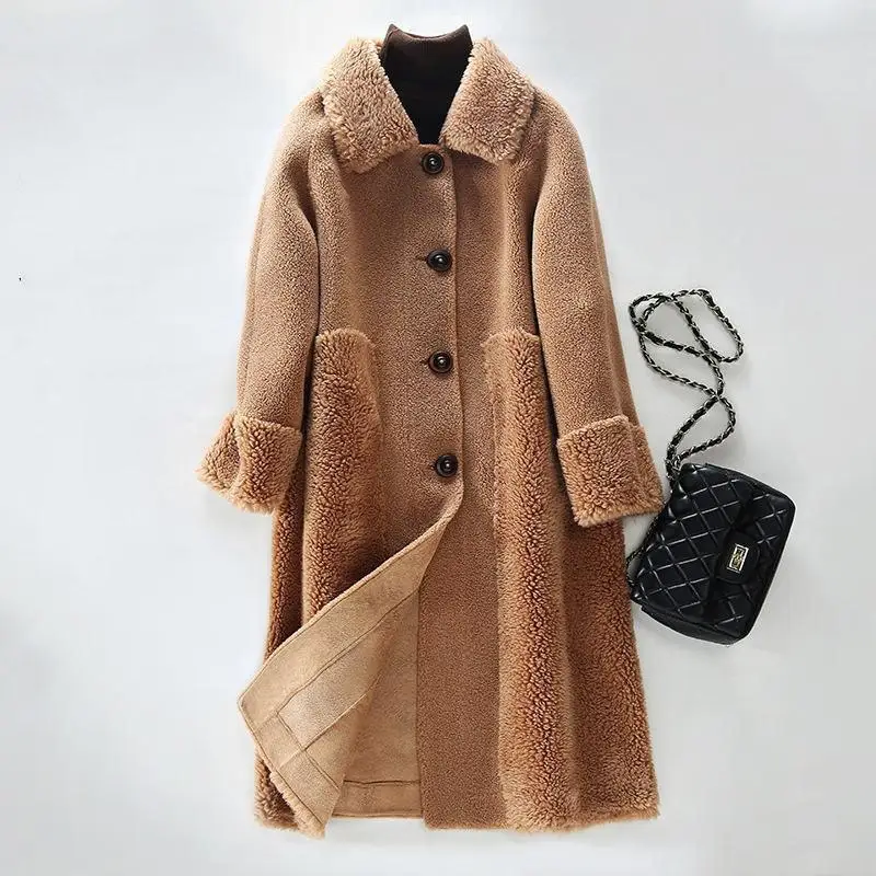 High Quality 2022 New Women Winter Fur Coat Soft Sheep Shearing Wool Jacket Female Plush Lamb Fur Lined Overcoat Trench Coat