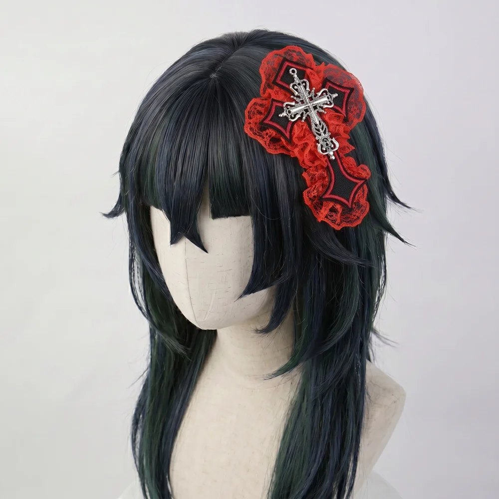 Фото Заколка для волос в стиле Harajuku Y2K Gothic Lolita: готическая, с цепями, в стиле панк, хип-хоп, рок, с кружевом и крестом, для женщин №1