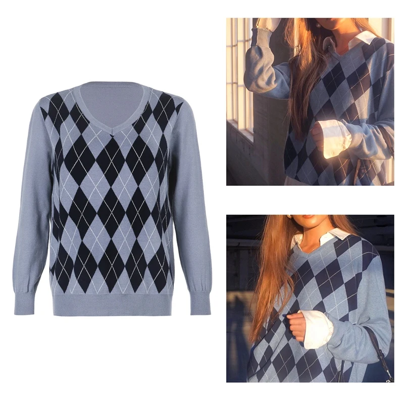 

Популярный Повседневный свободный осенне-зимний вязаный свитер Kf, женский джемпер с длинными рукавами в виде ромбиков, Женский пуловер, три...