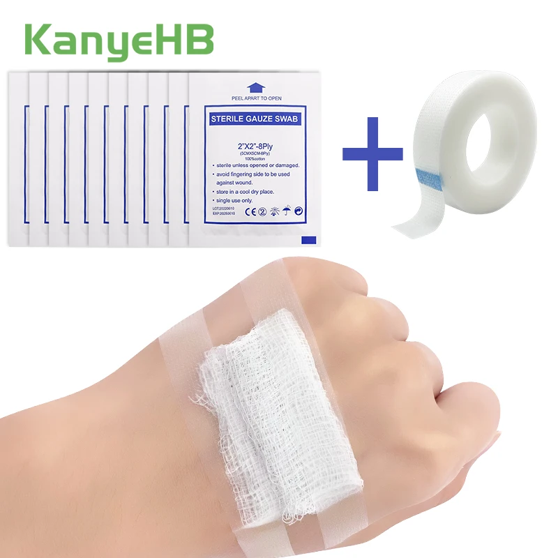 

10Pcs Gauze+1Pcs Medical Tape First Aid Sterile Wound Care Supplies Gauze Cotton Hemostasis Anti-Bacteria Wound Dressing A1587