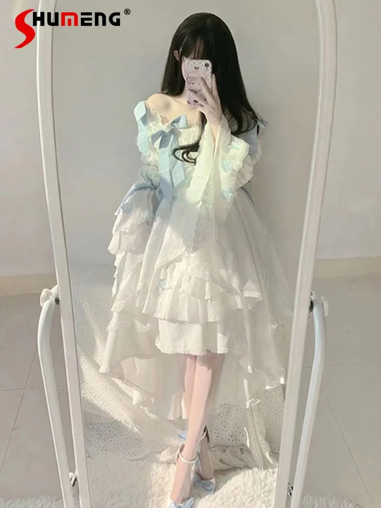 

Lolita Fairy Jacquard White Moonlight Long Sleeve Sling Dress Women 2023 Fall New Sweet Bow Ruffles Mid-length Dresses Fenale