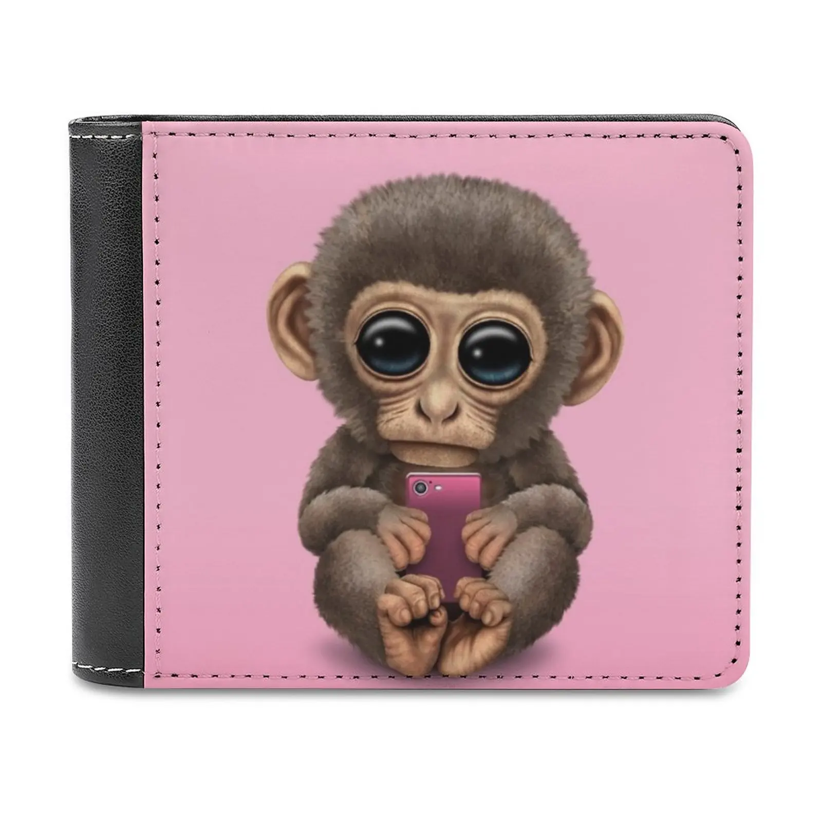 

Cute Baby Monkey Holding A Pink Cell Phone Leather Wallet Credit Card Holder Luxury Wallet Monkey Baby Monkey Monkey Holding A