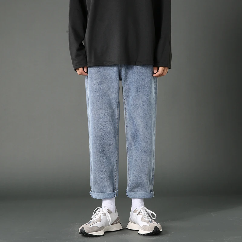 2022 Spring New Men's Denim Cropped Pants Korean Fashion Style Loose Skinny Jeans Male Light Blue Dark Grey