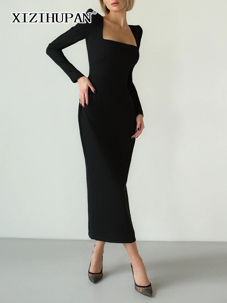 

Платье XIZIHUPAN женское черное с квадратным вырезом и длинным рукавом