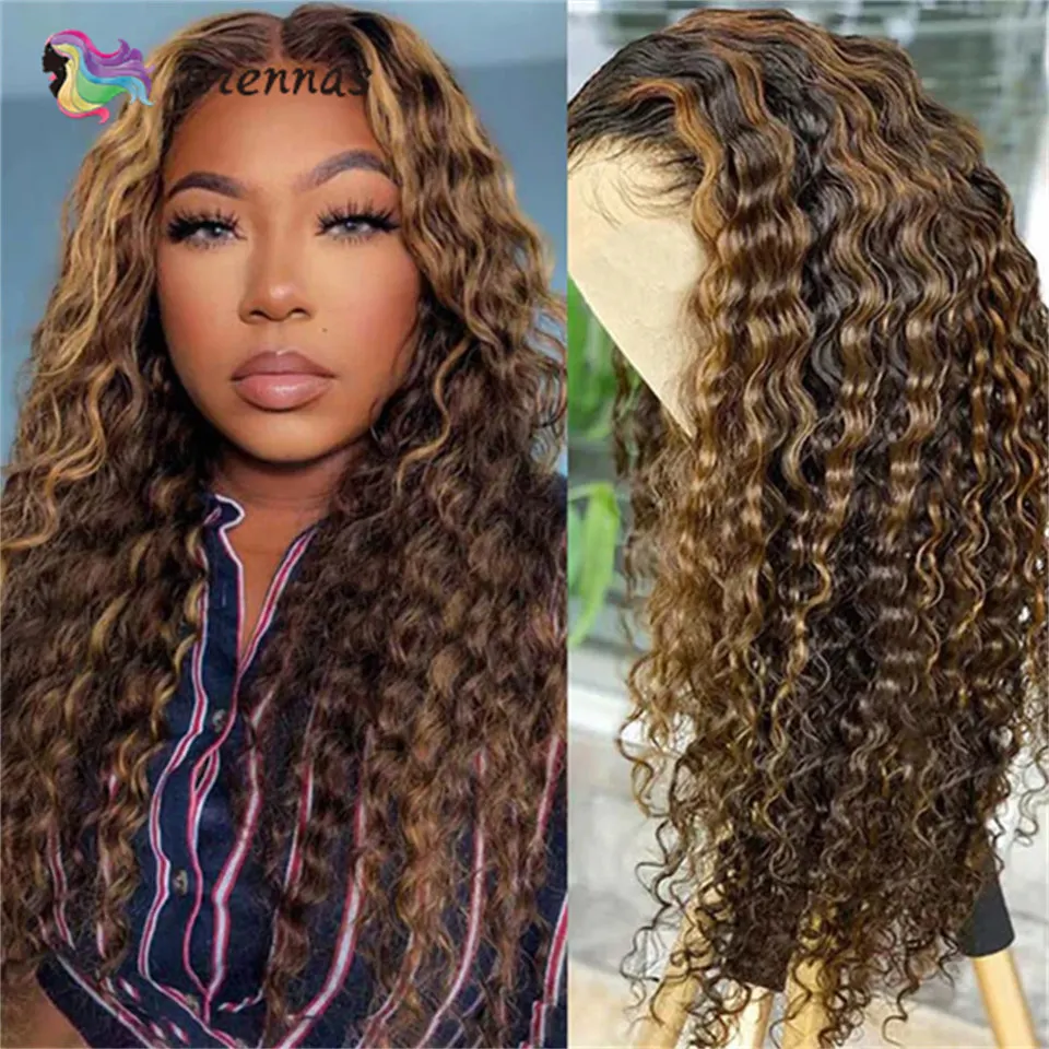 

Highlight Curly 13x4 Lace Front Human Hair Wigs 180% Density Peruvian Remy Hair Closure Wig With Baby Hair Pre Plucked For Women