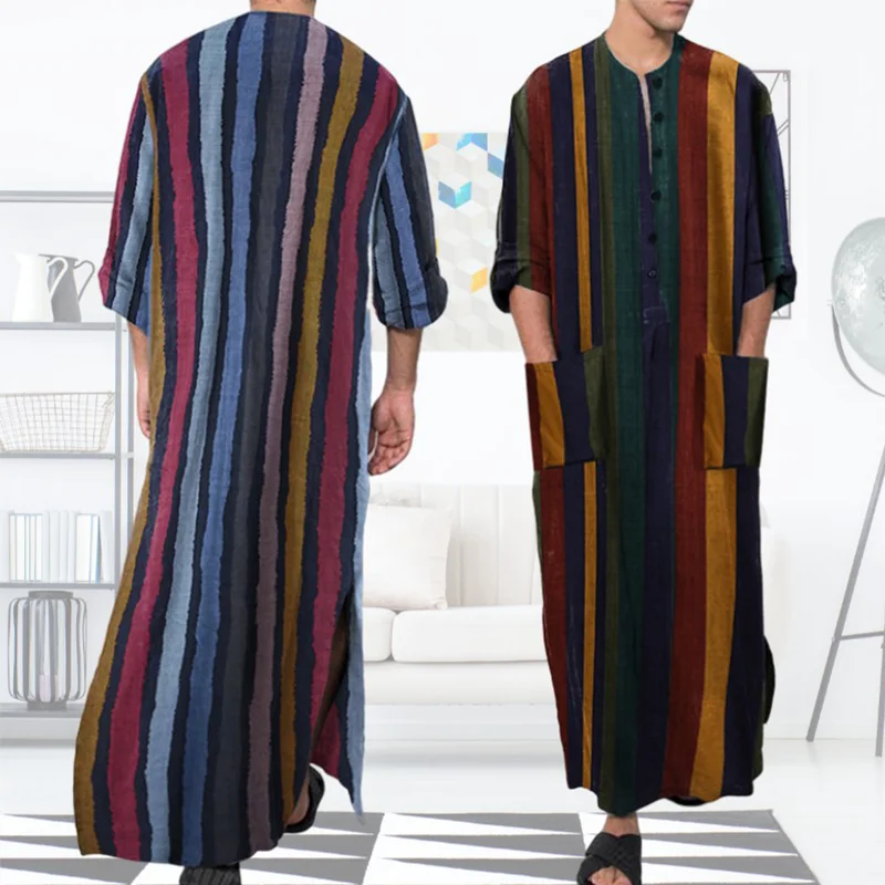 Men's Nightgown Robes Arabian Striped Shirt Ethnic Clothing Long Sleeves Retro Kimono House Skirt Cotton Bathrobe Lingerie