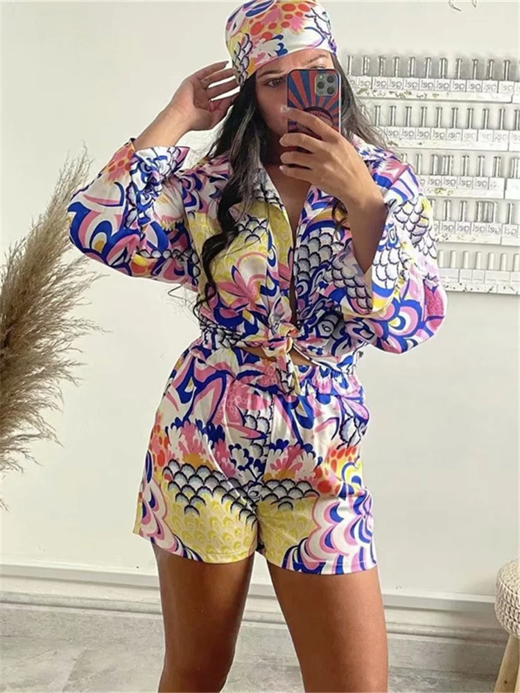 

Woman Elegant Pink Loose Print Shorts Suits 2022 Vintage Summer Female Beach Shirt Suit Ladies Floral Shirt Sets