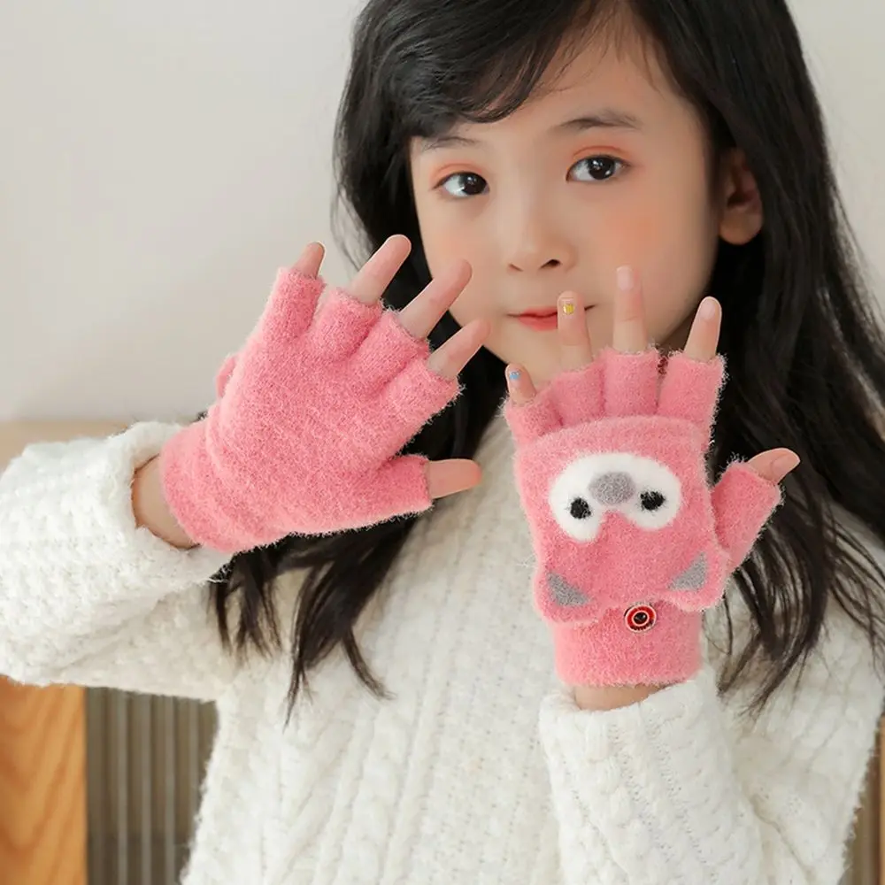 

4-11 Years Bear Shape Cat Ear Plush Fingerless Half Finger Gloves Korean Knitted Mittens Children Gloves Flip Cover Gloves