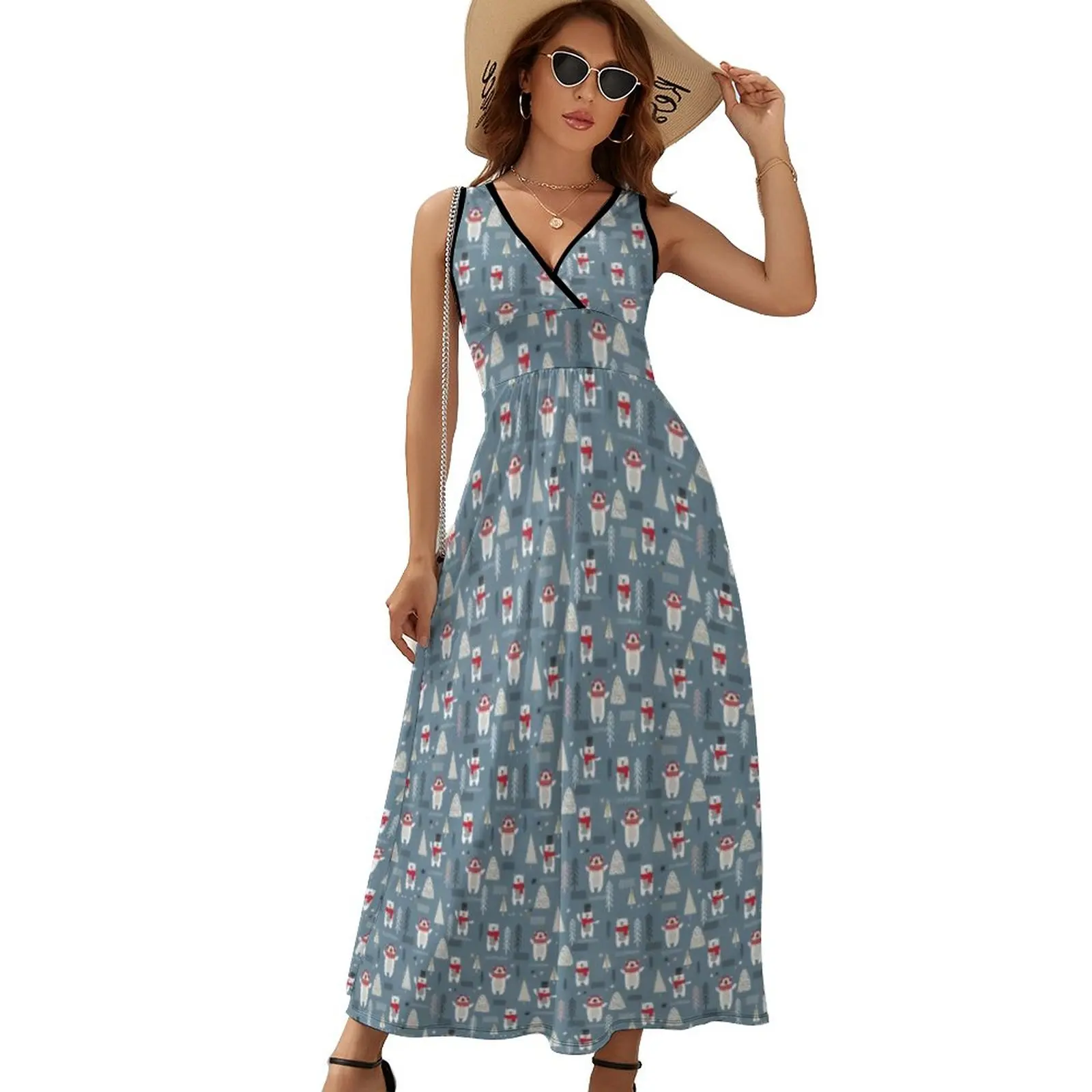 

Nordic Animal Dress Christmas Trees and Polar Bears Streetwear Boho Beach Long Dresses Night Club Maxi Dress Print Clothes Gift