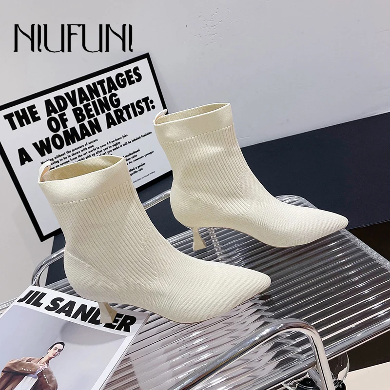 

NIUFUNI Pointed Knitted Elastic Fabric Woman Boots Stiletto Heels Slip On Ankle Boots Short Tube Autumn Women's Shoes Sock Boots