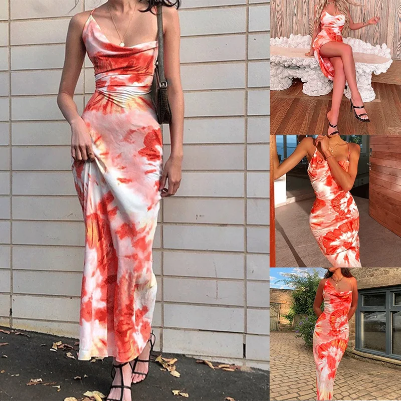 

Tie Dye Print Fashion Sexy Backless Lace Up Midi Dresses Sleeveless Club Party Holiday Spaghetti Strap Sundress