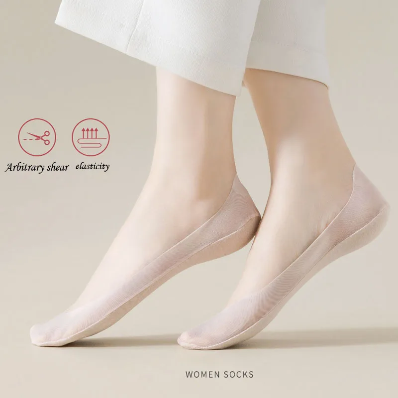 Women Summer Socks Invisible No Show Ultra-thin Breathable Silicone Anti-slip Solid Girls High Heels Ice Silk Low Cut Boat Socks