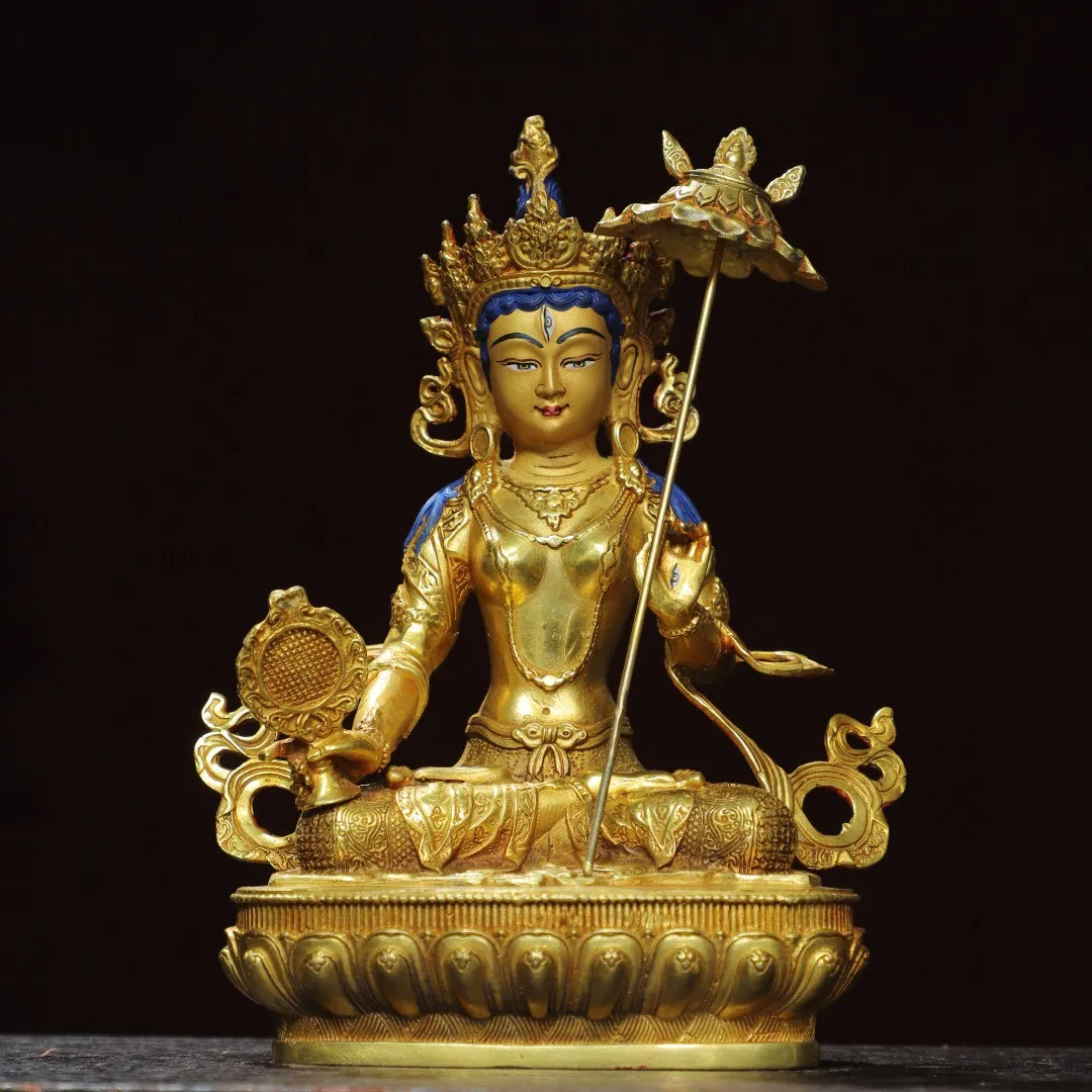 Тибетское Латунное позолоченное окрашенное лицо большой белый зонтик украшение