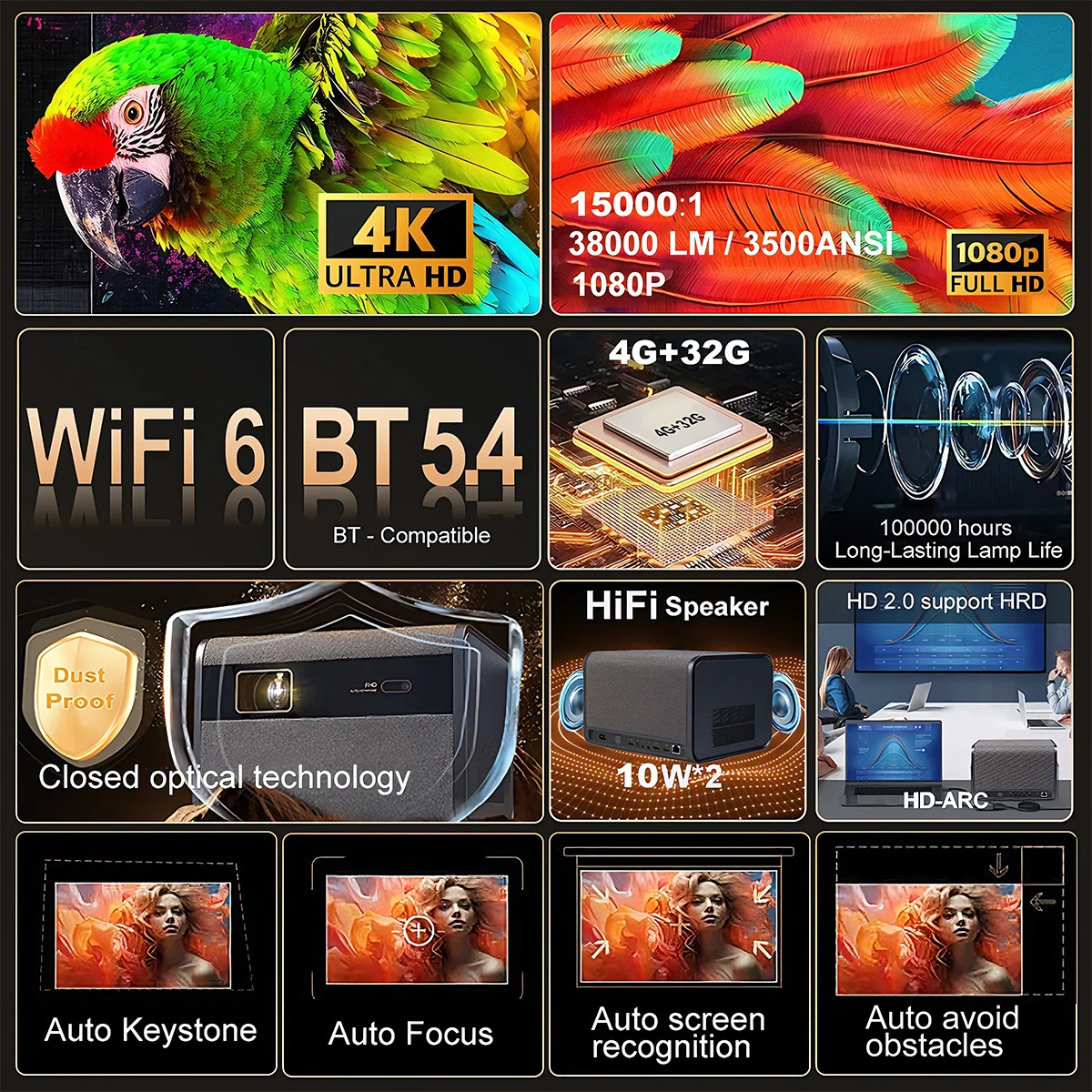 Фото Проектор DITONG 3500 ANSI люмен Full HD для 4K видео и фильмов, Android TV, домашний кинотеатр, 32 ГБ, Wi-Fi 6, автофокус, Smart TV, проекторы Beam №2
