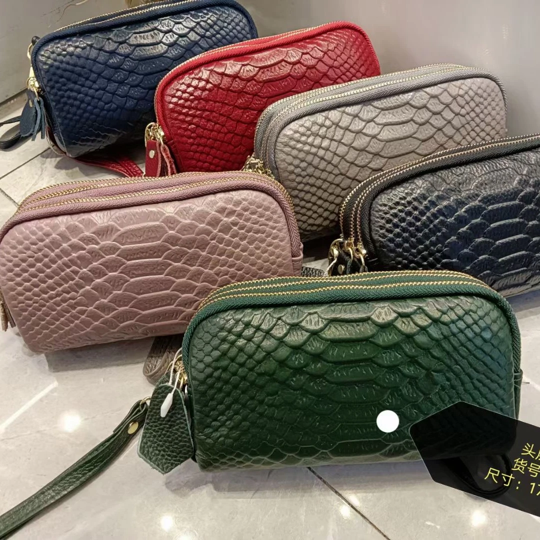 

Triple Zip GENUINE LEATHER Coin Wallet Women Zipper Pouch Keychain Clutch Bag Cell Phone Bag