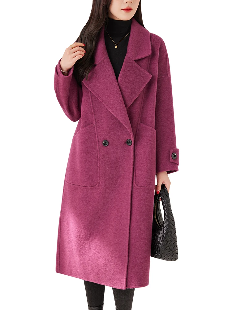 Qishiya Rose Red Double-sided Wool coat Women 2024 New Simple Loose Slimming Wool Woolen Outerwear