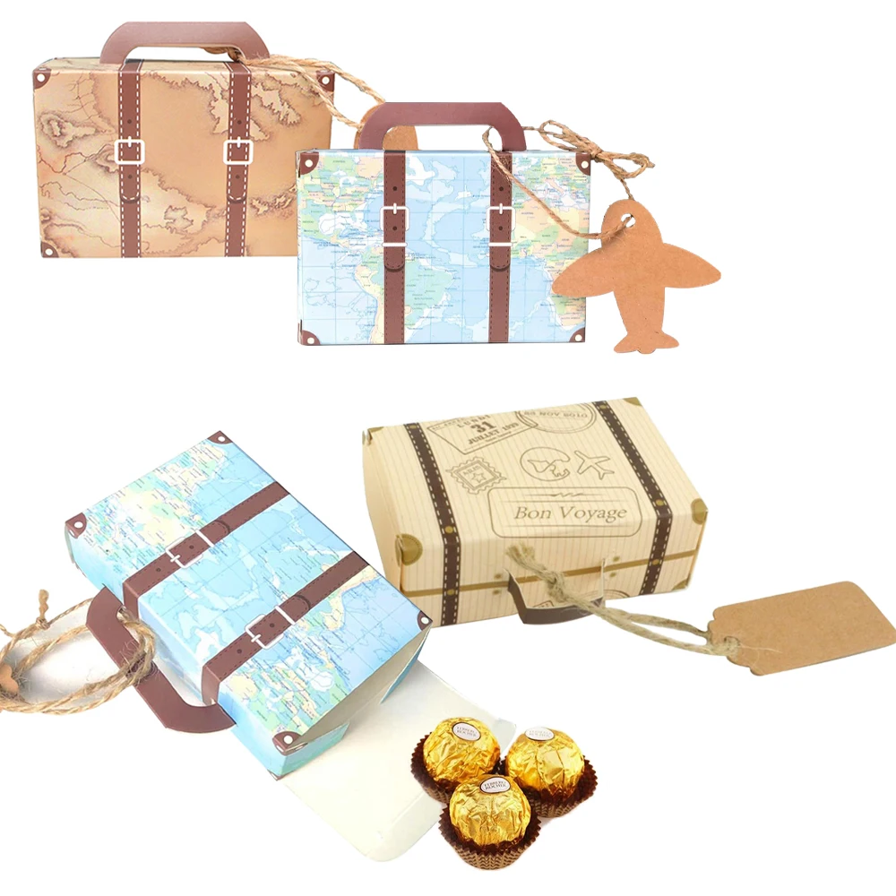 

10PCS Mini Travel Suitcase Candy Box Kraft Paper Chocolate Favor Gift Box For Gift Packing Bag Wedding Birthday Party Decoration