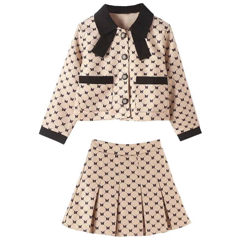 

Kids Outfits 2023 Spring Printed Short Jacket Pleated Skirt Two Pieces Children Clothing Set Princess School Teen Girls Clothes