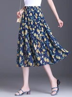 2022 womens summer high quality chiffon printed bohemian elastic high waist pleated skirt ladies mid long big swing skirts