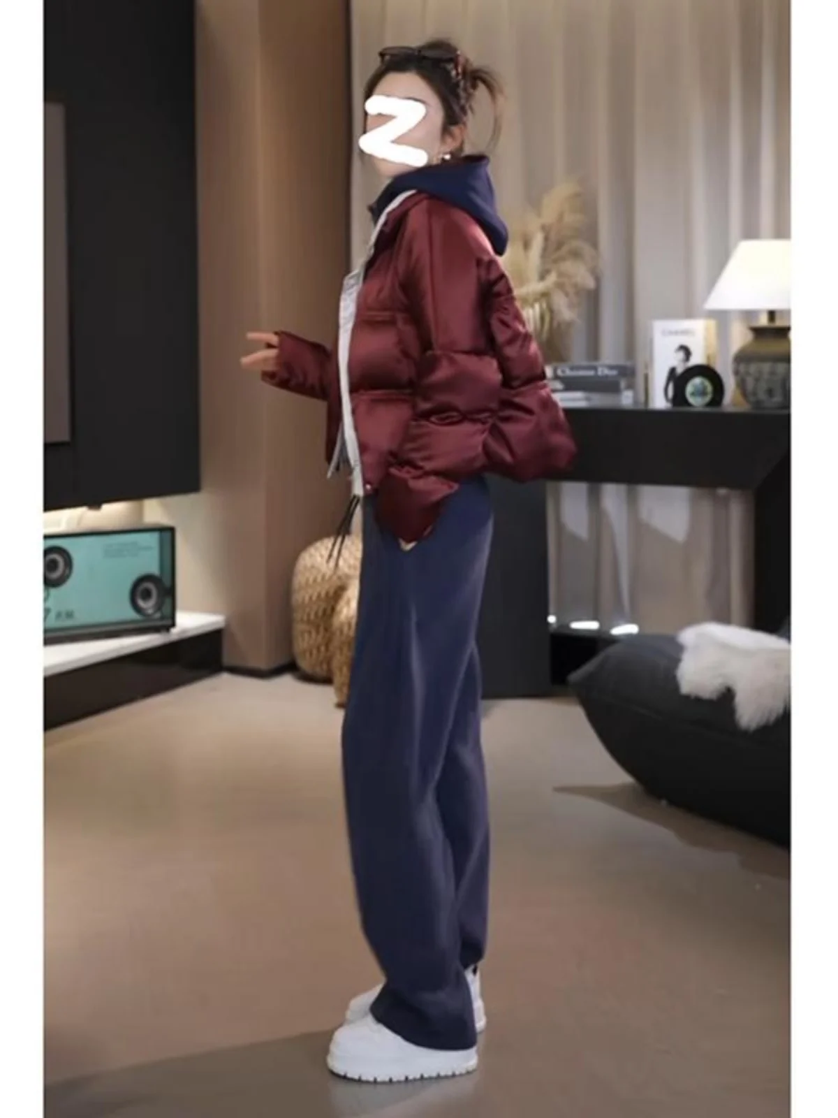 Plus Size Navy Blue American Drape Straight Pants Loose Sweat pants Women High Waist Slimming Casual Wide Leg Sweatpants Wint...