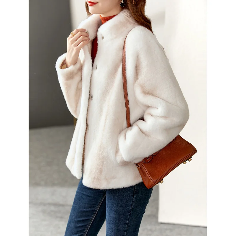 Vimly Faux Fur Jacket Warm Winter Coat Women 2022 Fashion Luxury Chic Short Thick Stand Collar Overcoat Female Clothes 50383