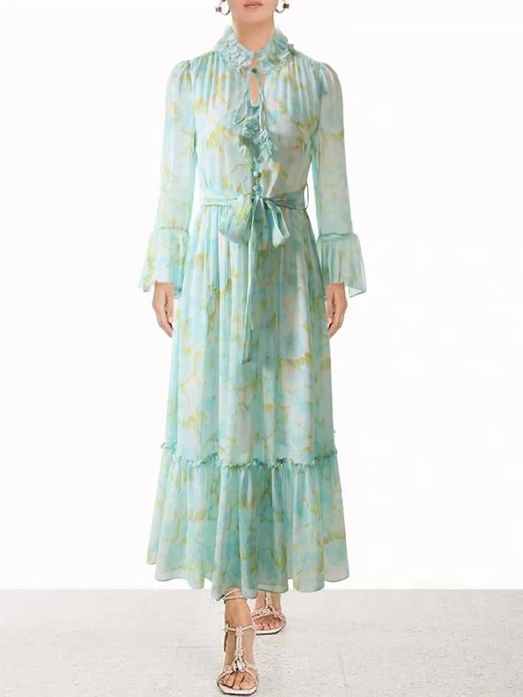 

Designer Fashion Summer New Women'S Elegant Celebrity Long Sleeve Print Chiffon Midi Dress Party Casual Vacation High Quality