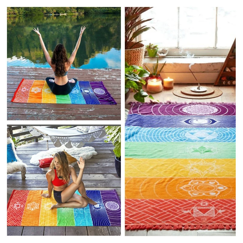 

Polyester Bohemia Wall Hanging India Mandala Blanket 7Chakra Colored Tapestry Rainbow Stripes Travel Summer Beach Yoga Mat