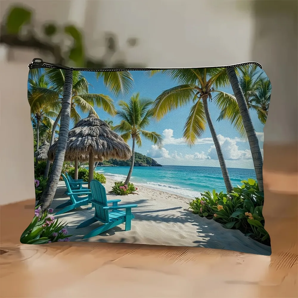 Фото Двусторонняя льняная косметичка Tropical Beach с дизайном пальм и бирюзового океана, дорожная сумка для туалетных принадлежностей, легкая и прочная №1