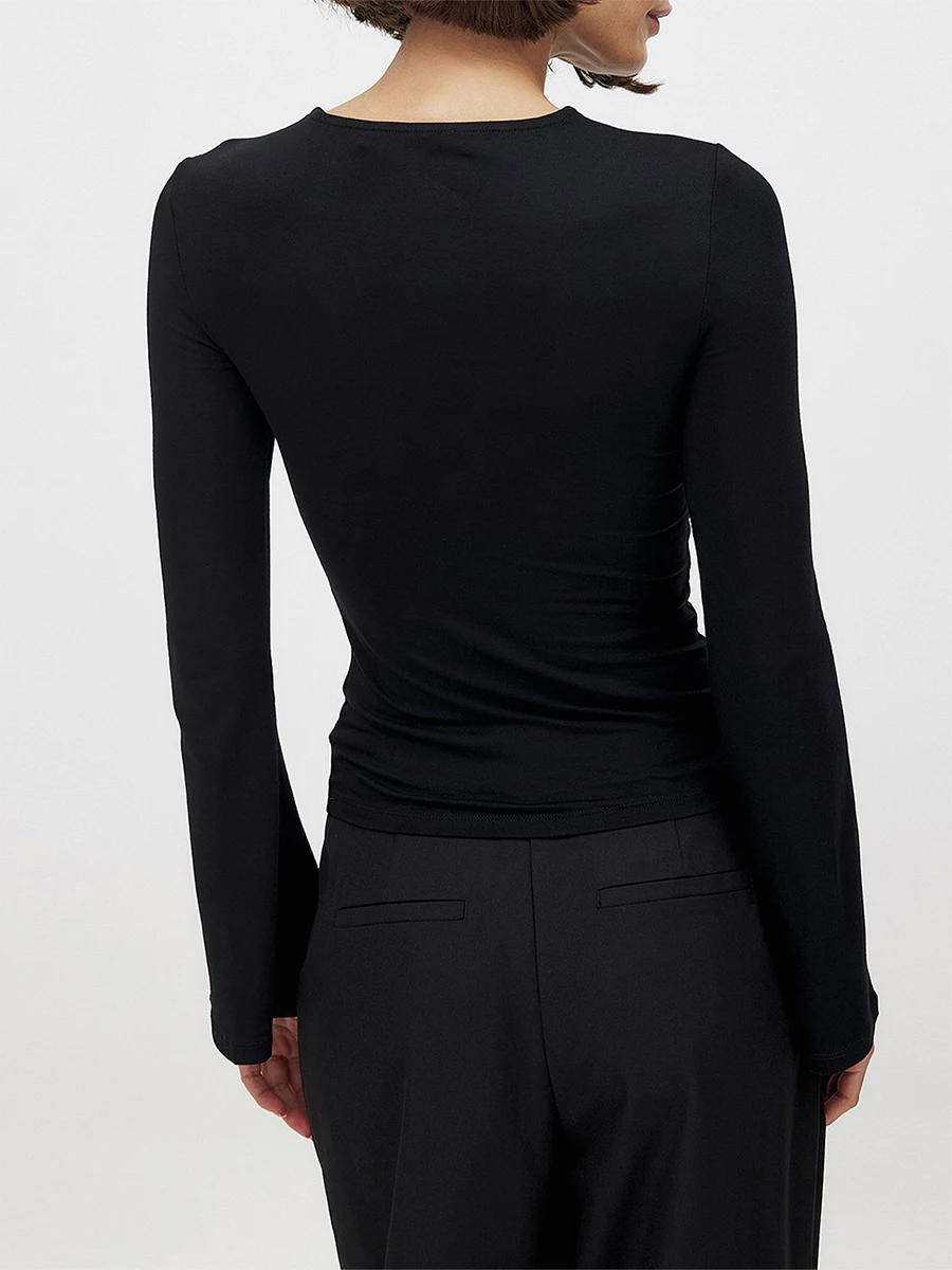 Женские летние черные тонкие топы однотонная футболка с длинными рукавами и