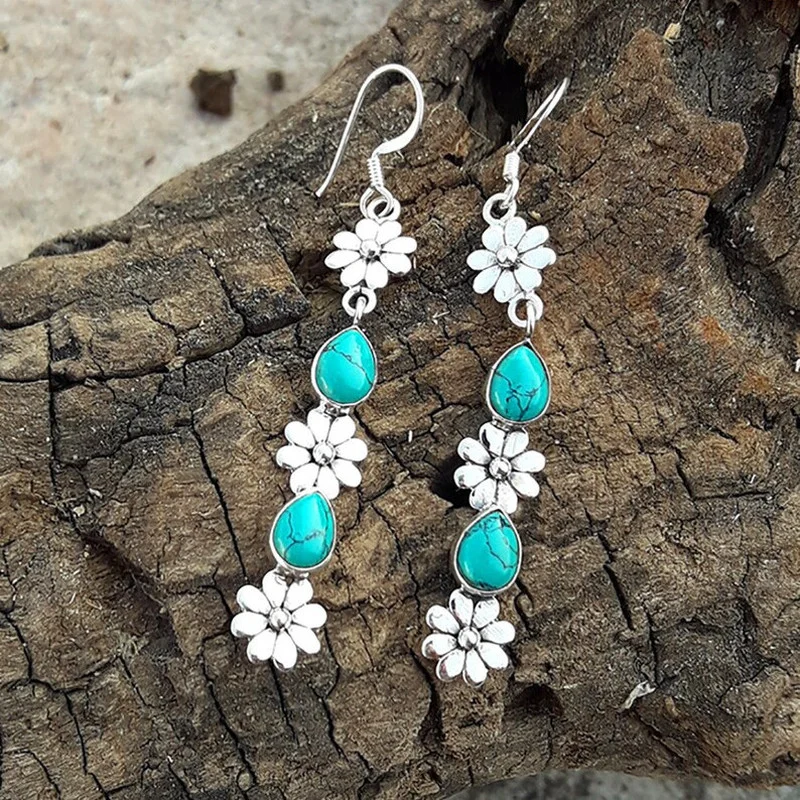 

Vintage Extra Long Metal Hand Carved Flower Earrings Set with Green Stone Hook Drop Earrings for Women