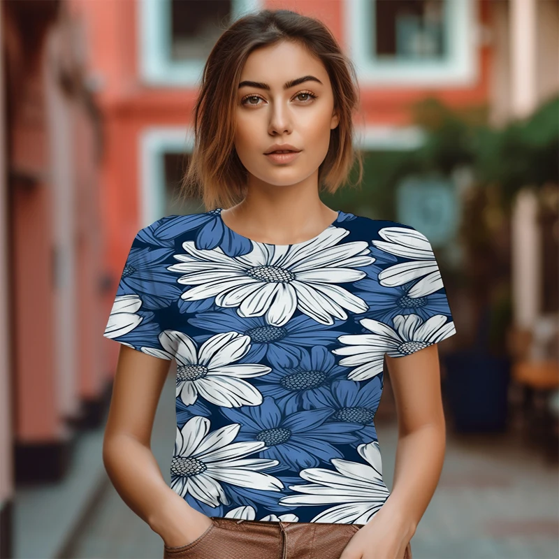 

Summer New Holiday Style Ladies T -shirt High -quality 3D Flower Pattern T -shirt Street Leisure Lady Super Large T -shirt