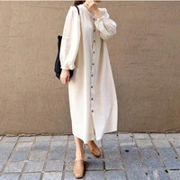 dress literary solid color loose long skirt waist simple v neck single breasted linen cotton dress spring apan korea style 2022