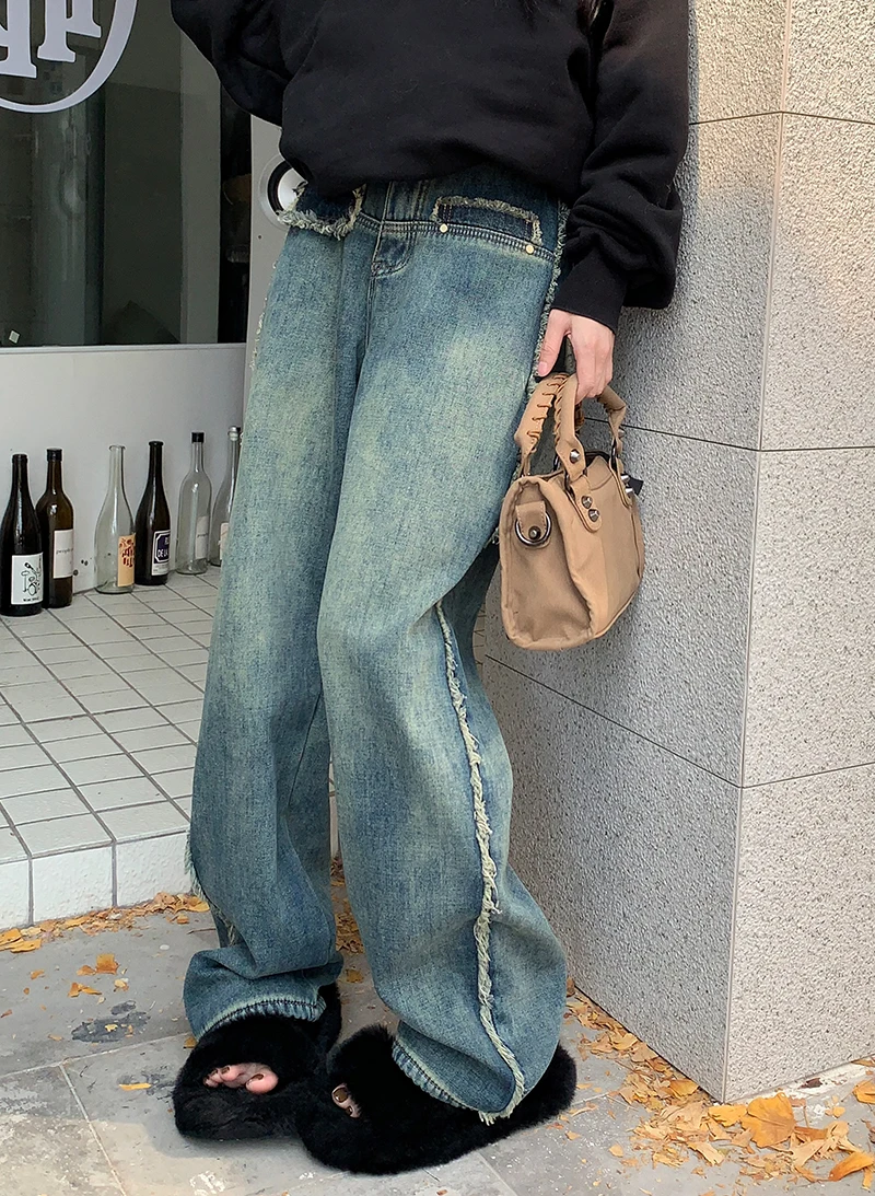 

Retro Blue Fleece Jeans for Women Winter Y2K High Waist Loose Wide Leg Straight Denim Drag Pants Street